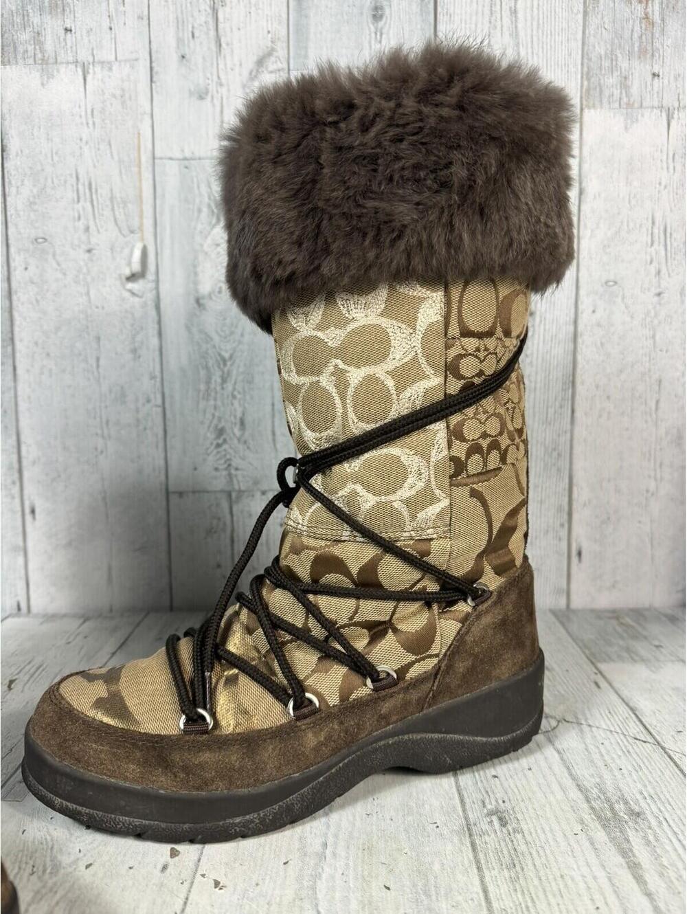 Coach Laurilyn Brown/ Tan Patchwork Fur Trim Winter Designer Boots Side Zip - Picture 6 of 9